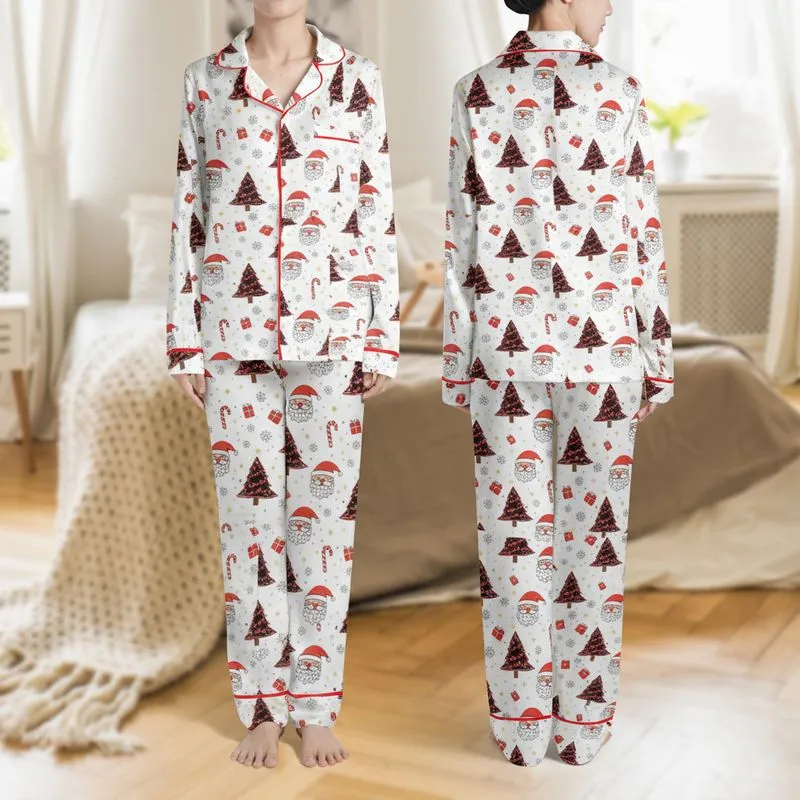 Women's Whimsical Black Red White Cartoon Christmas Santa Tree Candy Cane Pattern Satin Pajamas Set - 1