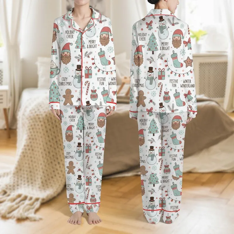 Women's Whimsical Christmas Motifs White Muted Red Teal Holiday Phrases Pattern Satin Pajamas Set - 1