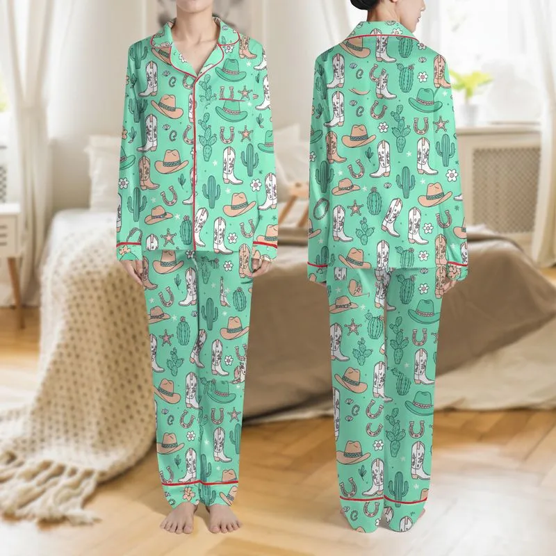 Women's Bright Mint Green All-Over Western Desert Pattern with Teal Cacti, Peach Cowboy Boots, & White Sheriff Stars Satin Pajamas Set - 1