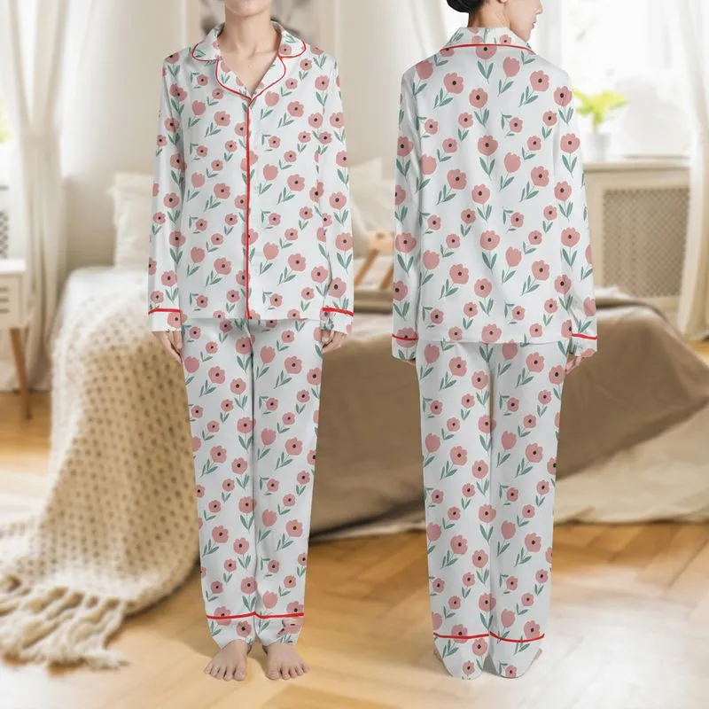 Women's Minimalist Botanical Illustrative Pattern in Dusty Rose Soft Grey-Blue Muted Teal Satin Pajamas Set - 1