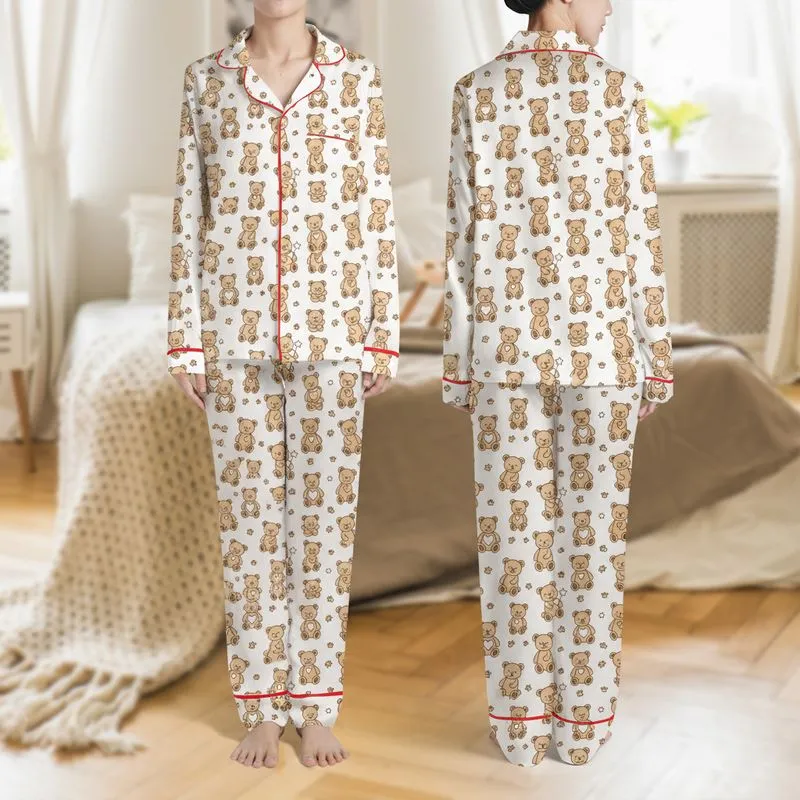 Women's Whimsical Hand-Drawn Teddy Bear & Paw Print Pattern, Cream White Background with Light & Chocolate Brown Motifs Satin Pajamas Set - 1