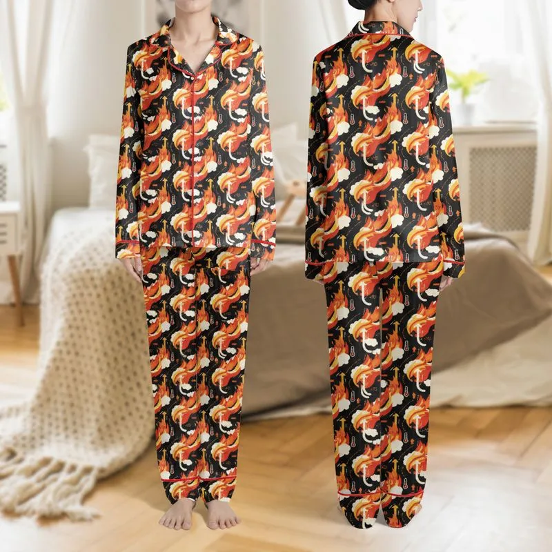 Women's Abstract Fiery Swirls & Warmth Icons, Black Orange Red Yellow Arrows, Cream Fleece Texture Satin Pajamas Set - 1