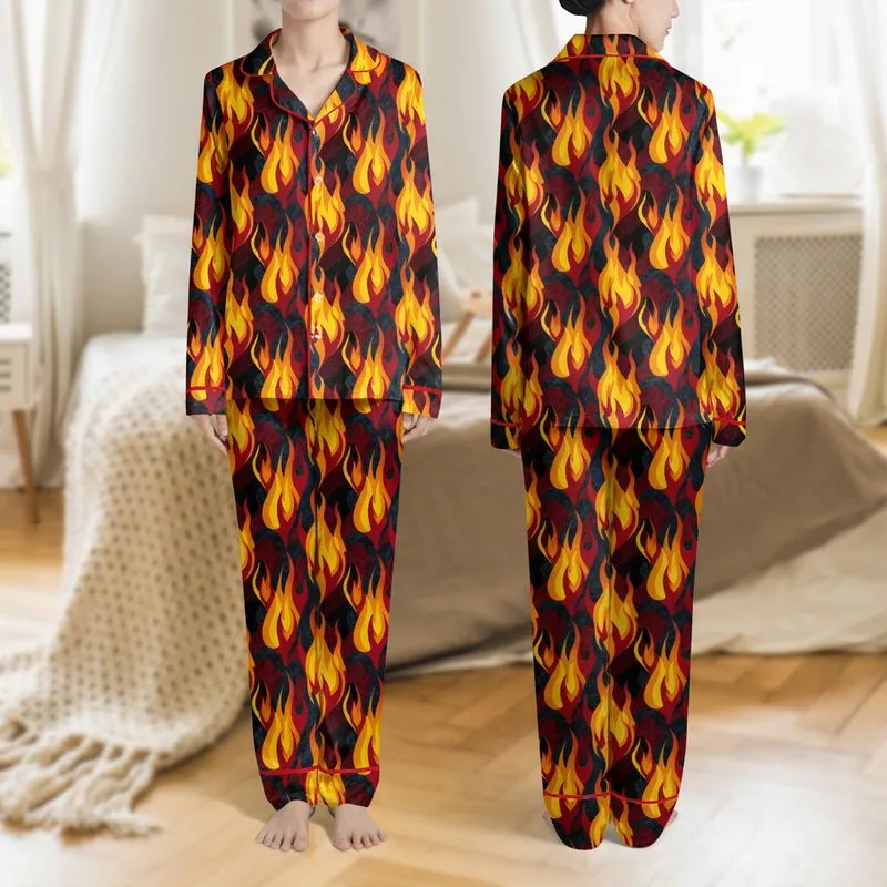 Women's Energetic Yellow Orange Red Flame Repeating Pattern with Black Burgundy Petrol Blue Fibrous Textures Satin Pajamas Set - 1