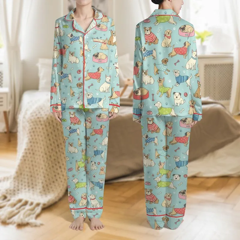 Dog Lovers' Whimsical Teal Multi-Breed Dogs Playful Flat Art Pink Blue Red Accents Pattern Satin Pajamas Set - 1
