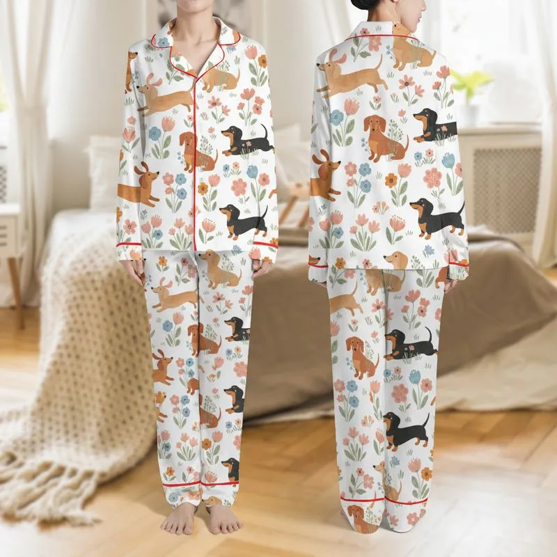 Women's Whimsical Dachshund Garden Floral Pattern in Rose Pink Peach Blue Green on White Satin Pajamas Set - 1