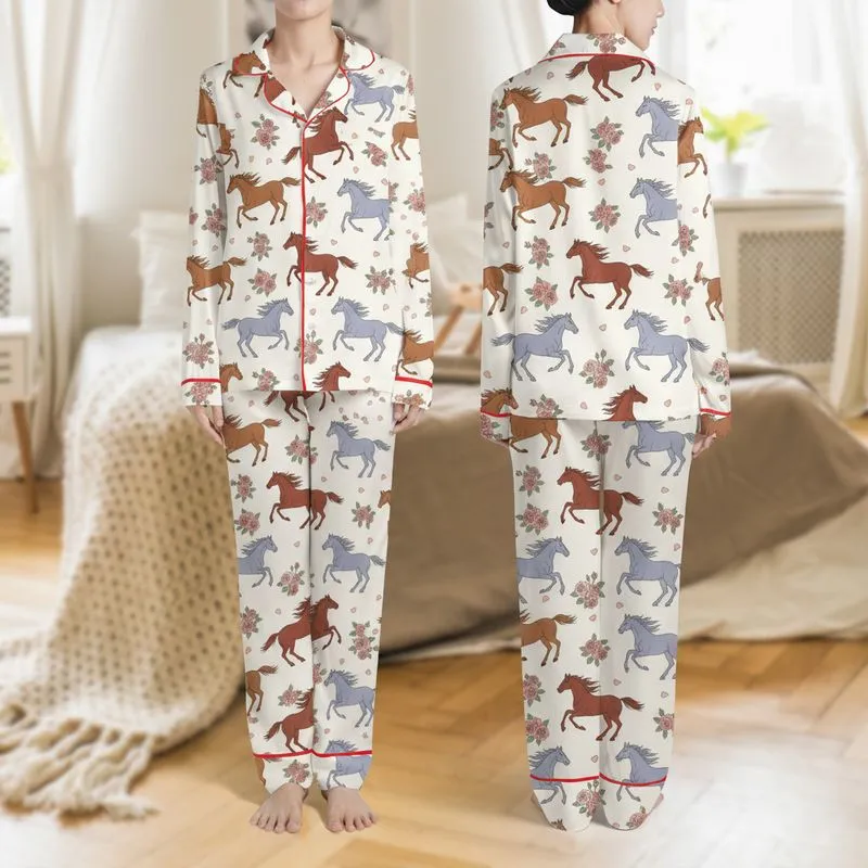 Women's Hand-Drawn Spirited Running Horses & Blush Rose Floral Pattern: Caramel, Periwinkle Grey Satin Pajamas Set - 1