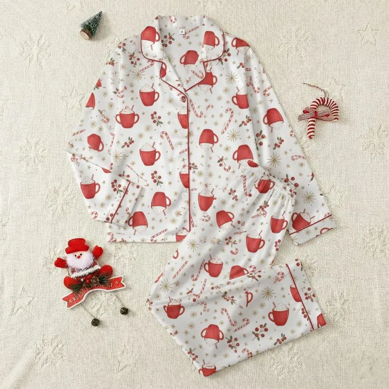 Women's Whimsical Festive Red White Golden-Brown Candy Cane Mug Berry Snowflake Pattern Satin Pajamas Set - 1