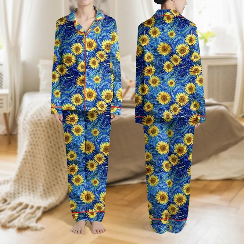 Women's Vibrant Impressionistic Sunflowers Painterly Indigo Cobalt Blue Swirling Celestial Art Satin Pajamas Set - 1