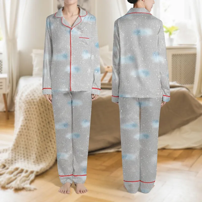 Women's Heather Grey Textured Subtle Snowfall & Ice Crystal Pattern Muted Blue Hues Satin Pajamas Set - 1