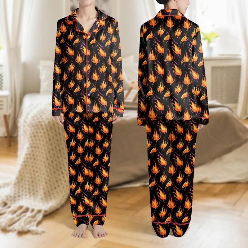 Women's Vibrant Abstract Fiery Wisps, Orange Yellow Magenta Pink Curves on Black Satin Pajamas Set - 1