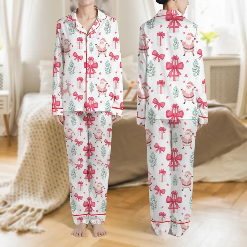 Women's Whimsical Watercolor Hot Pink Christmas Santa Reindeer Tree Gift Bow Stars Satin Pajamas Set - 1