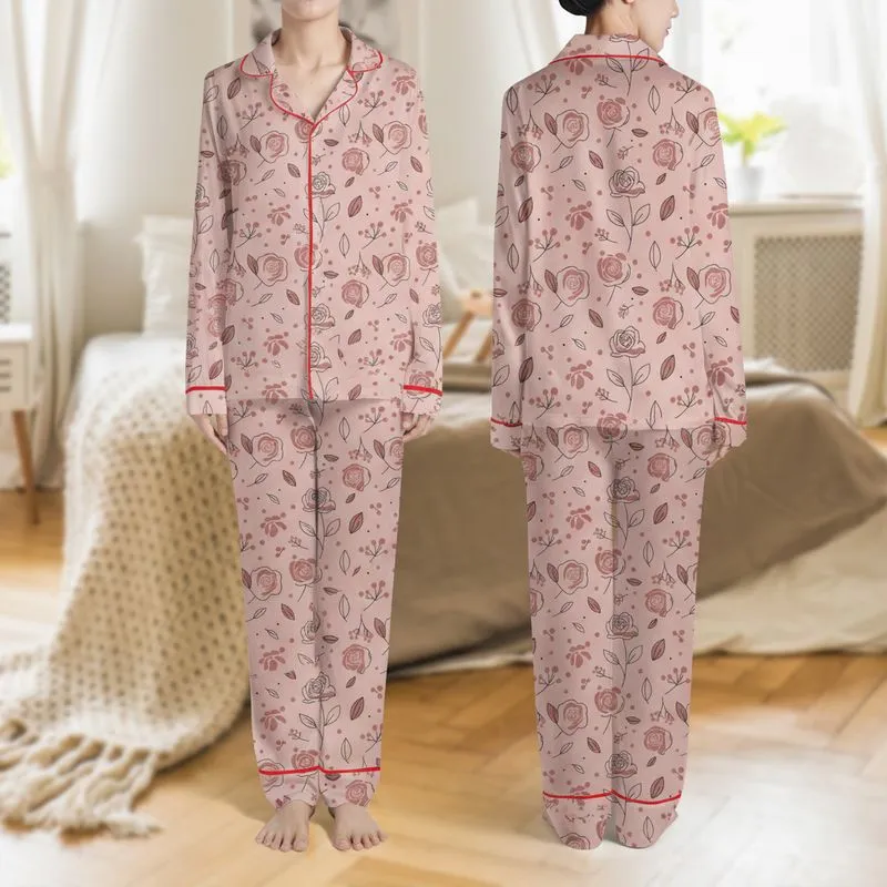 Women's Muted Rose Pink Minimalist Stylized Floral Botanical Pattern Delicate Black Line & Dusty Pink Shapes Satin Pajamas Set - 1