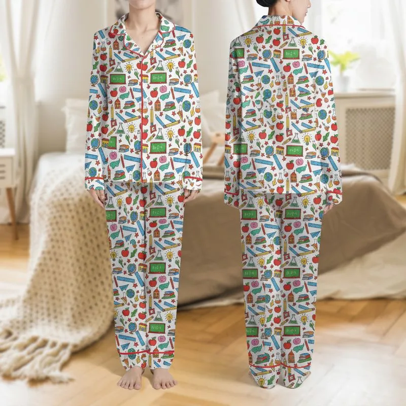 Learning Enthusiasts' Lively Naive Art School Theme All-Over Print Red Yellow Blue Green Education Elements Satin Pajamas Set - 1