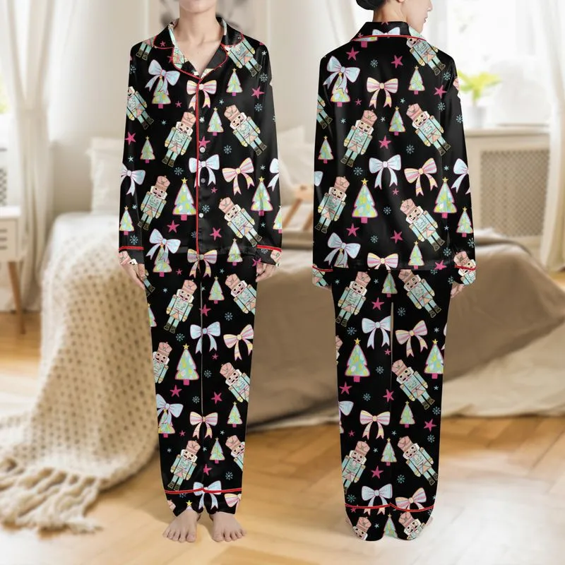 Women's Whimsical Black Nutcracker & Holiday Trees Pattern, Hot Pink, Baby Pink, Light Blue, Lime Green Accents Satin Pajamas Set - 1