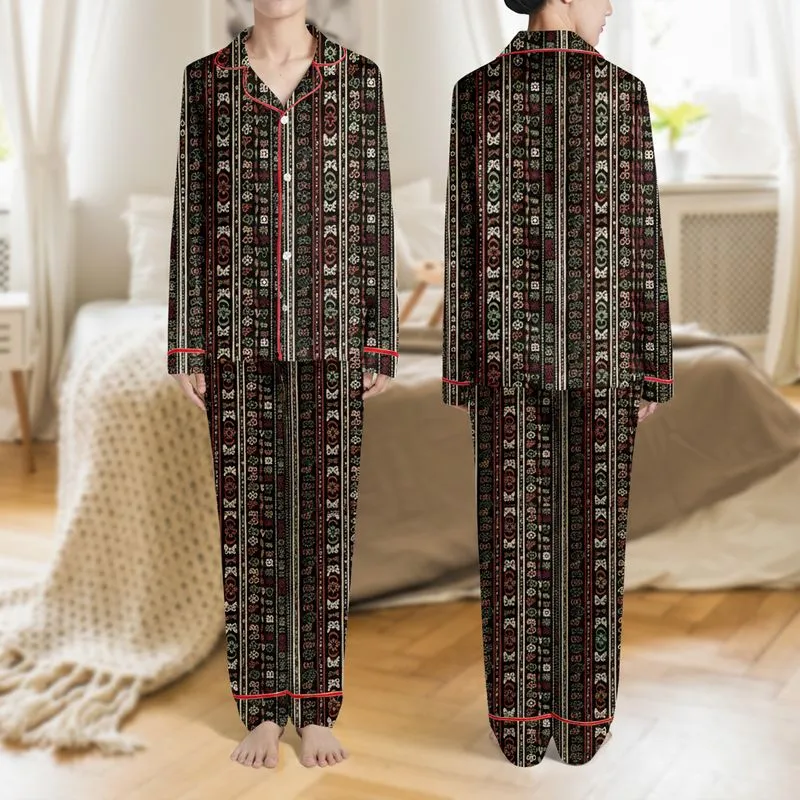 Women's Intricate Bohemian Folkloric Vertical Stripe Hand-Drawn Motifs Black-Brown Earthy Jewel Tones Satin Pajamas Set - 1