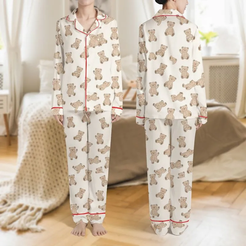 Women's Creamy Off-White Plush Brown Teddy Bear Cozy Scattered Illustration Satin Pajamas Set - 1