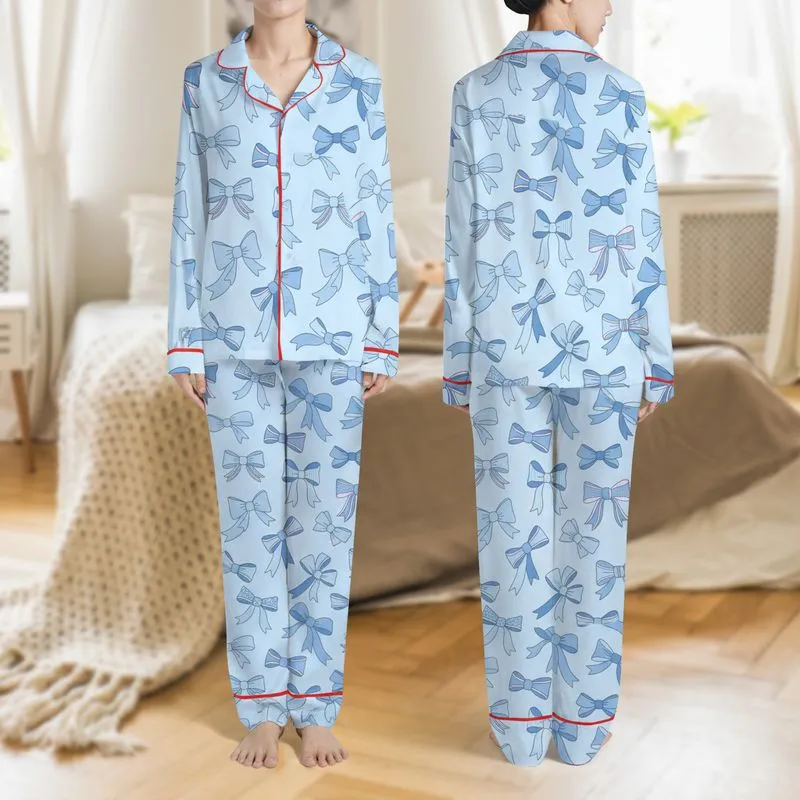 Women's Whimsical Assorted Blue Bows Pattern, Pastel Baby Blue, Pink Accents, Hand-Drawn Polka Dot & Stripe Details Satin Pajamas Set - 1