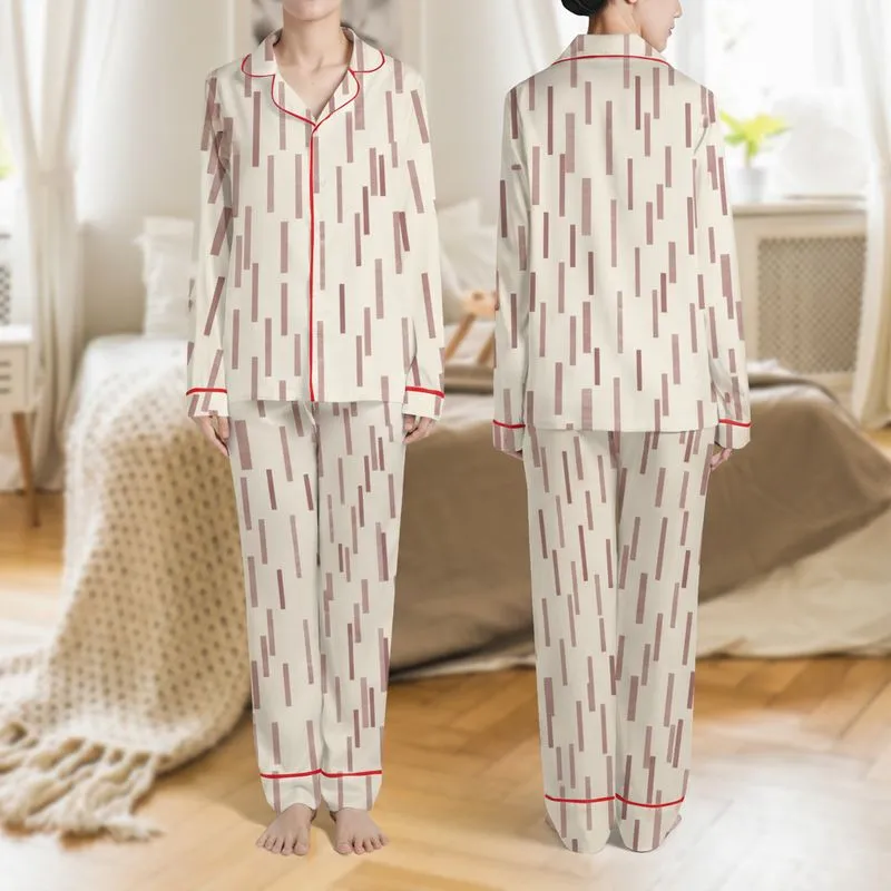 Women's Elegant Minimalist Abstract Dusty Rose Mauve Deconstructed Vertical Stripe on Cream Satin Pajamas Set - 1