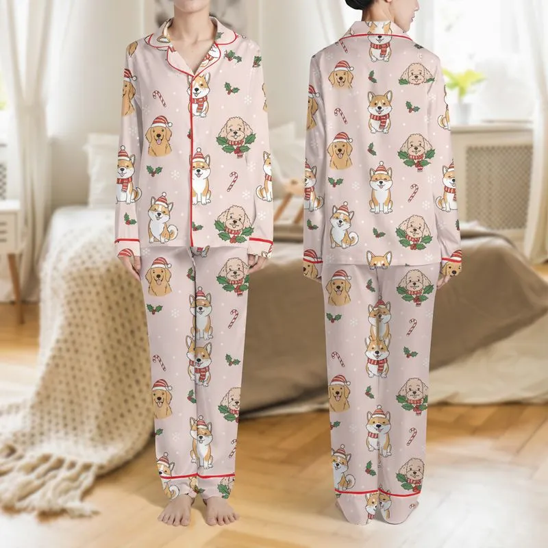 Women's Whimsical Pale Pink Christmas Dogs Santa Hats & Holly Illustrative Pattern Satin Pajamas Set - 1