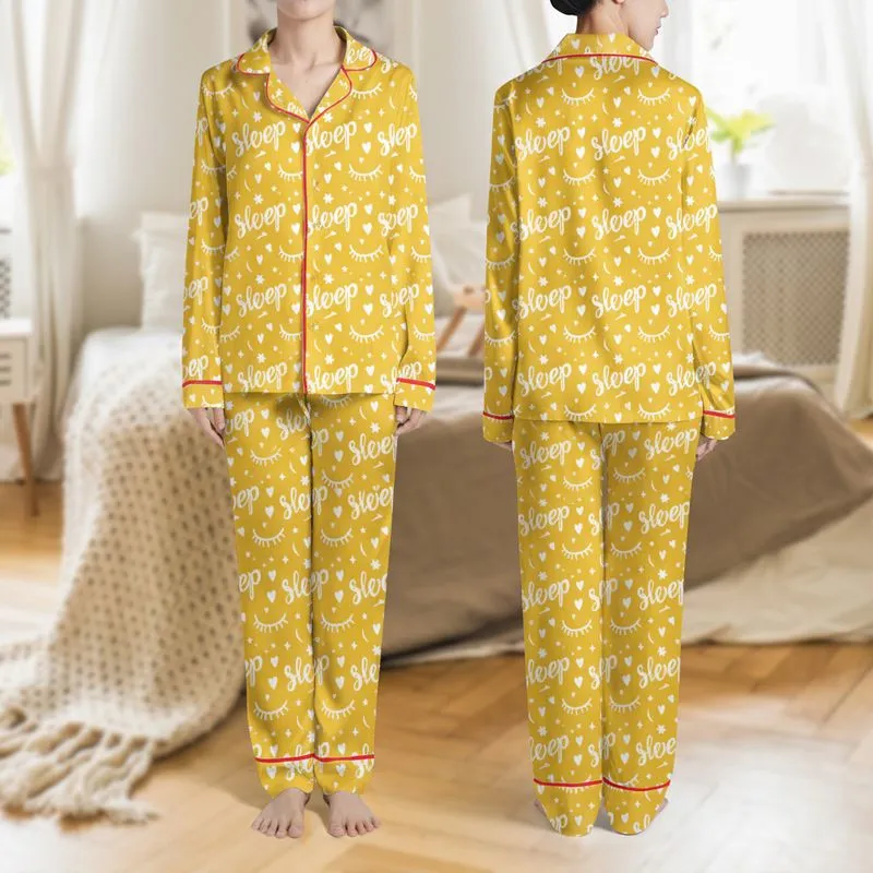 Women's Vibrant Yellow Dreamy Sleep Script & Celestial Elements Pattern Satin Pajamas Set - 1