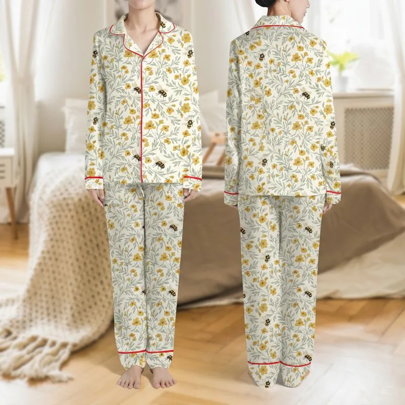 Women's Soft Cream Bumblebee & Muted Golden Wildflower Grey-Green Botanical Pattern Satin Pajamas Set - 1