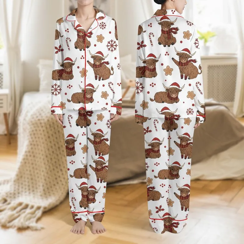 Women's Whimsical Christmas Highland Cow Red Santa Hat Plaid Candy Cane Gingerbread Snowflake Pattern Satin Pajamas Set - 1