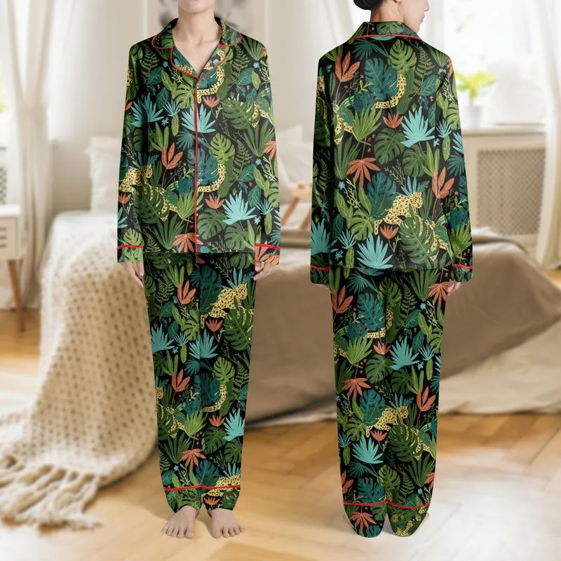 Women's Deep Black Tropical Jungle Leopard Print with Emerald, Ochre, Rust, & Aquamarine Botanicals Satin Pajamas Set - 1