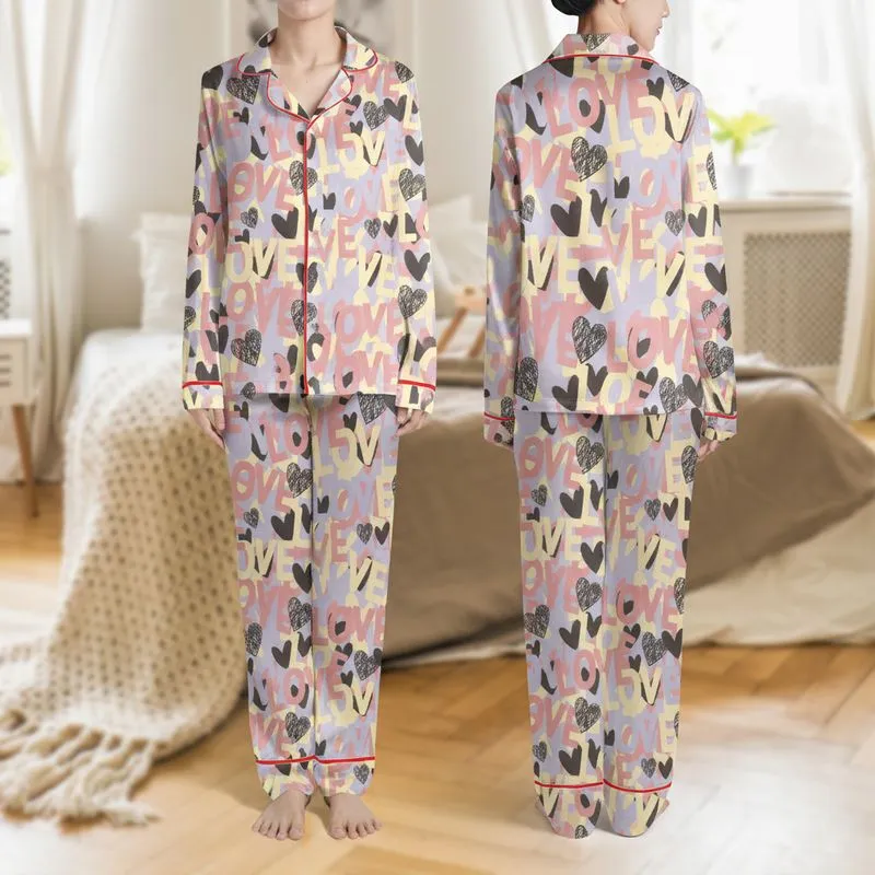 Women's Playful Rose Pink Lavender Yellow Blocky LOVE & Scribbled Heart Pattern Satin Pajamas Set - 1