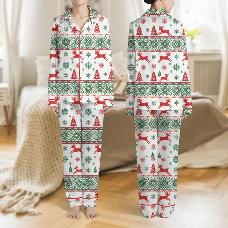Women's White Red Forest Green Nordic Folkloric Reindeer Christmas Tree Snowflake Geometric Pattern Satin Pajamas Set - 1