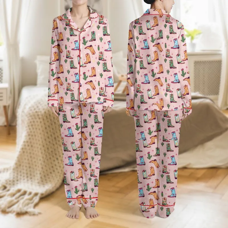 Women's Whimsical Western Cowboy Boot & Cactus Pastel Rose Pink Pattern with Leopard Spots, Stars, Teal & Fuchsia Satin Pajamas Set - 1
