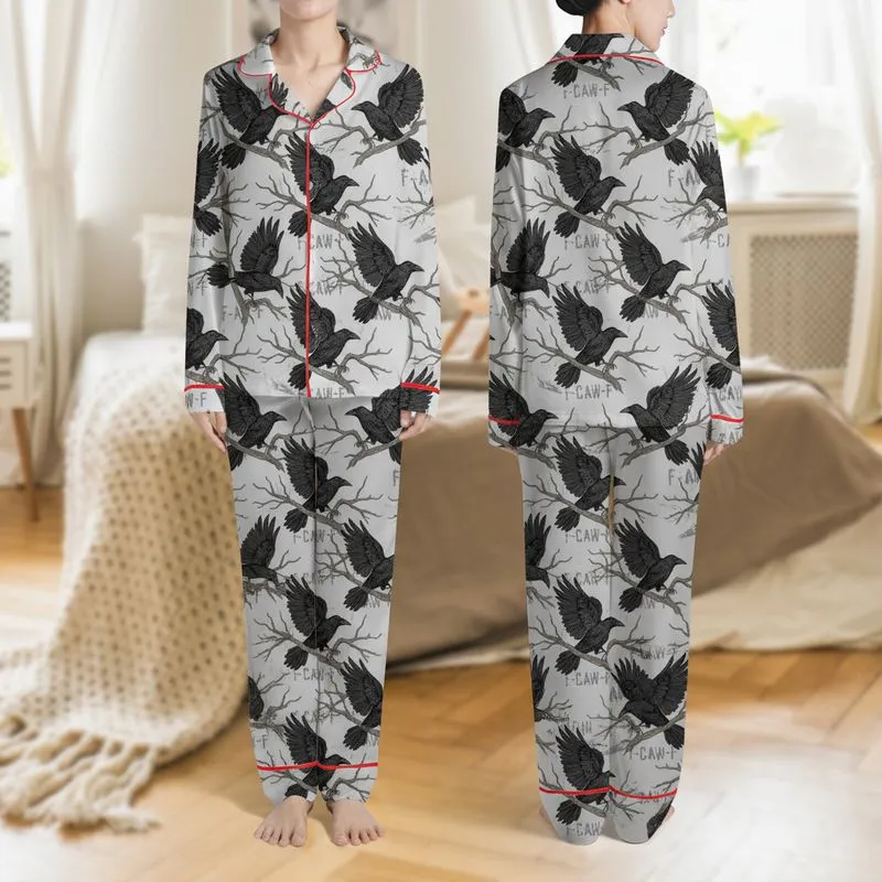 Women's All-Over Realistic Black Crows on Dark Gnarled Branches Light Grey Art Satin Pajamas Set - 1