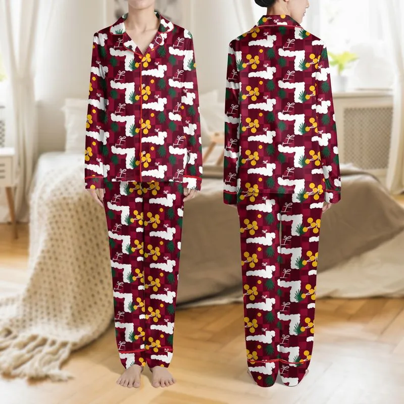 Women's Holiday Crimson & White Stylized Tapestry with Golden Lights & Green Pine Frond Pattern Satin Pajamas Set - 1