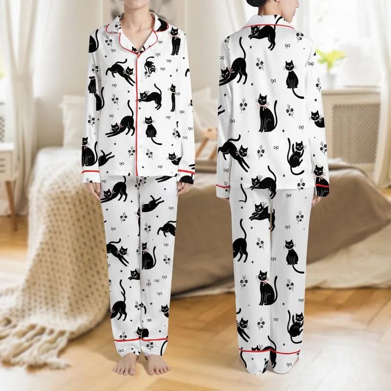 Cat Lovers' Whimsical Black Cat & Tiny Floral Seamless Pattern White Background Pink Ribbon Bows Satin Pajamas Set - 1