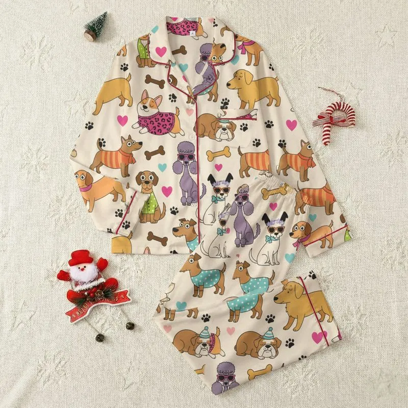 Dog Lovers' Whimsical Multi-Color Cartoon Dog Breeds Pattern with Sweaters, Hearts & Paws on Cream Satin Pajamas Set - 1