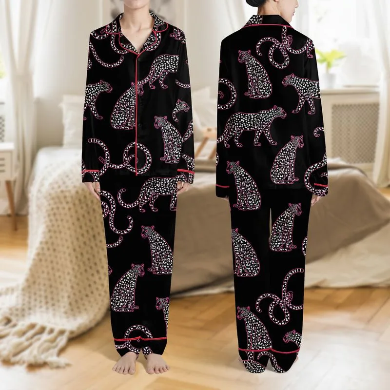 Women's Bold Fuchsia Black White Leopard Dot Pattern Flowing Tails Graphic Art Satin Pajamas Set - 1