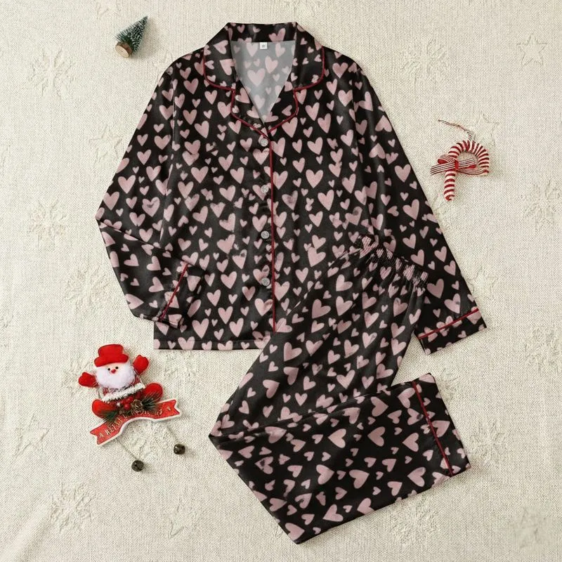 Women's Illustrative Hand-Drawn Light Pink Hearts Scattered on Solid Black Satin Pajamas Set - 1