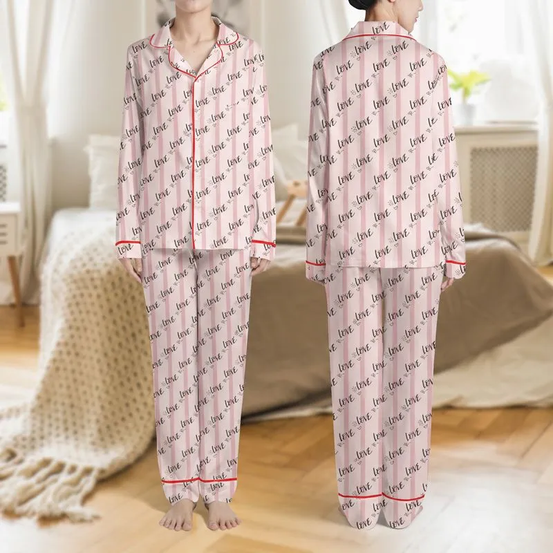 Women's Soft Pink Tone-on-Tone Striped Pattern with Black Script LOVE Hearts & Dot Clusters Satin Pajamas Set - 1
