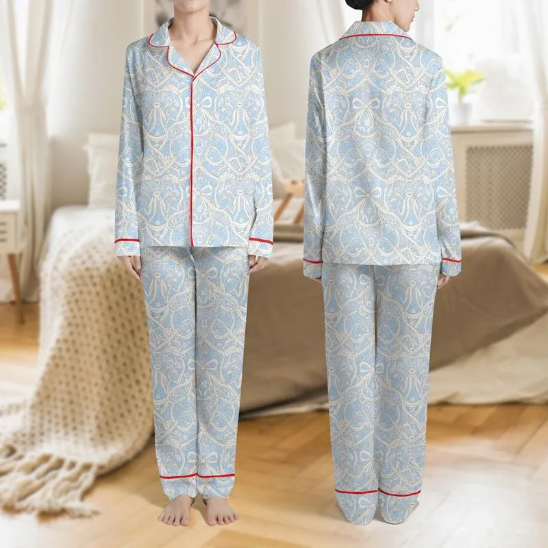 Women's Delicate Pastel Blue Creamy White Abstract Lace Ribbon Bow Seamless Pattern Satin Pajamas Set - 1