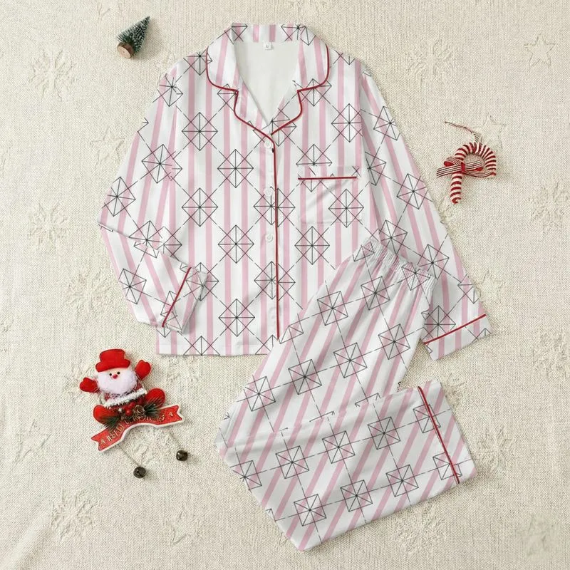 Women's Elegant Bubblegum Pink & White Vertical Stripe with Dynamic Black Angular Grid Lines Satin Pajamas Set - 1