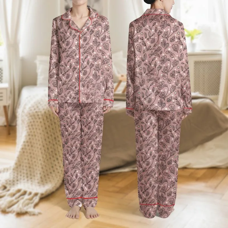 Women's Muted Dusty Rose Pink Abstract Botanical Line Art Seamless Pattern with Cream Dots Satin Pajamas Set - 1