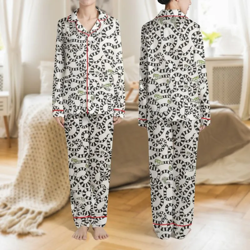 Art Print Aficionados' Stylized Black & White Striped Coiled Snake Design with Lime Green Eyes Satin Pajamas Set - 1