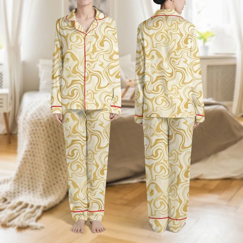 Women's Luxurious Champagne Gold Ivory Abstract Liquid Swirl Pattern Satin Pajamas Set - 1