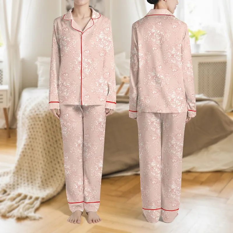 Women's Romantic Light Pink Ivory Floral Lace Botanical Filigree Blush Peach Satin Pajamas Set - 1