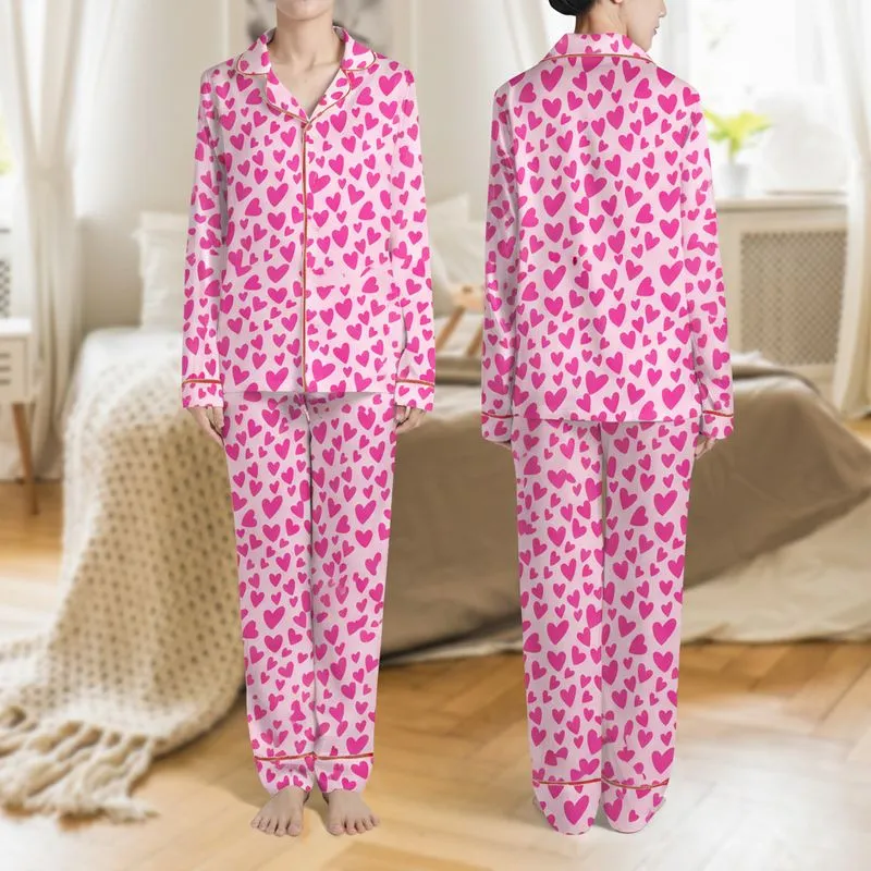 Women's Cute Whimsical Soft Pastel Pink Dense Fuchsia Hearts All-Over Illustrative Pattern Satin Pajamas Set - 1