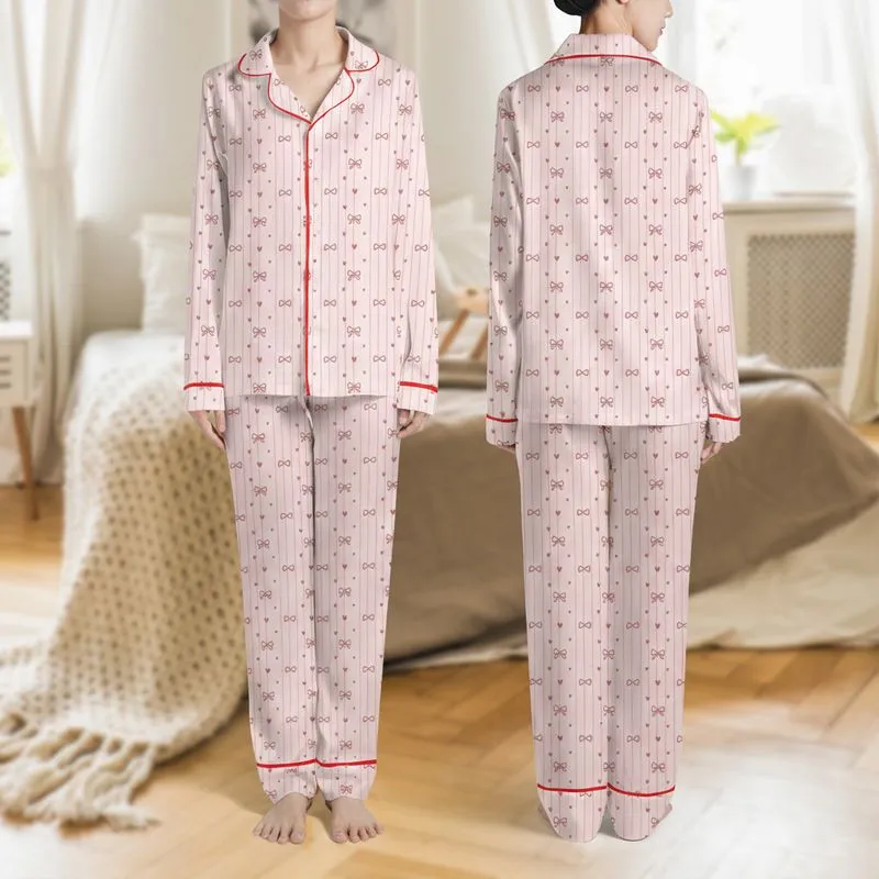 Women's Delicate Muted Pink Pinstripe with Whimsical Bow and Heart Motifs Satin Pajamas Set - 1