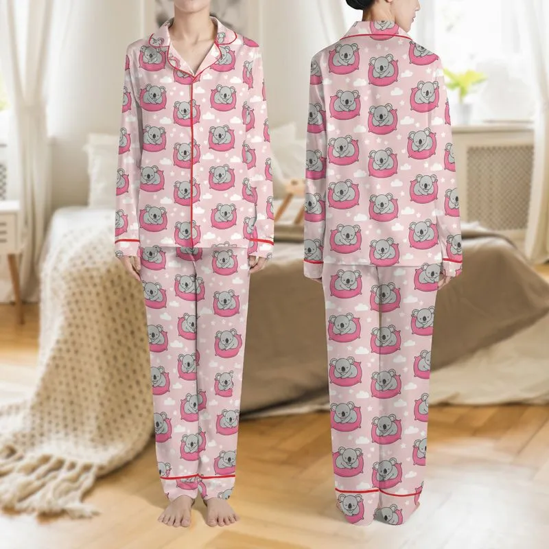 Women's Muted Pastel Pink Whimsical Sleepy Koalas on Fuchsia Pink Pillows with White Stars & Clouds Pattern Satin Pajamas Set - 1