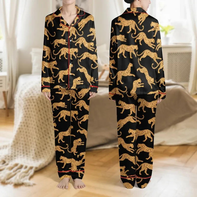 Women's Golden-Orange Leopard Illustrations Dark Outline Deep Black Animalier Pattern Satin Pajamas Set - 1