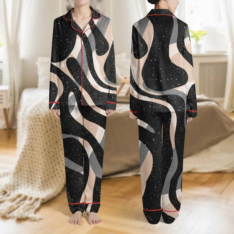 Women's Abstract Black Charcoal Fuzzy Organic Forms Pale Peach Sheer Illusion Pattern with Silver Speckles Satin Pajamas Set - 1