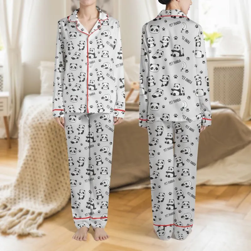 Panda Lovers' Whimsical Black & White Cartoon Panda Playful Pose Pattern with Paw Prints Satin Pajamas Set - 1