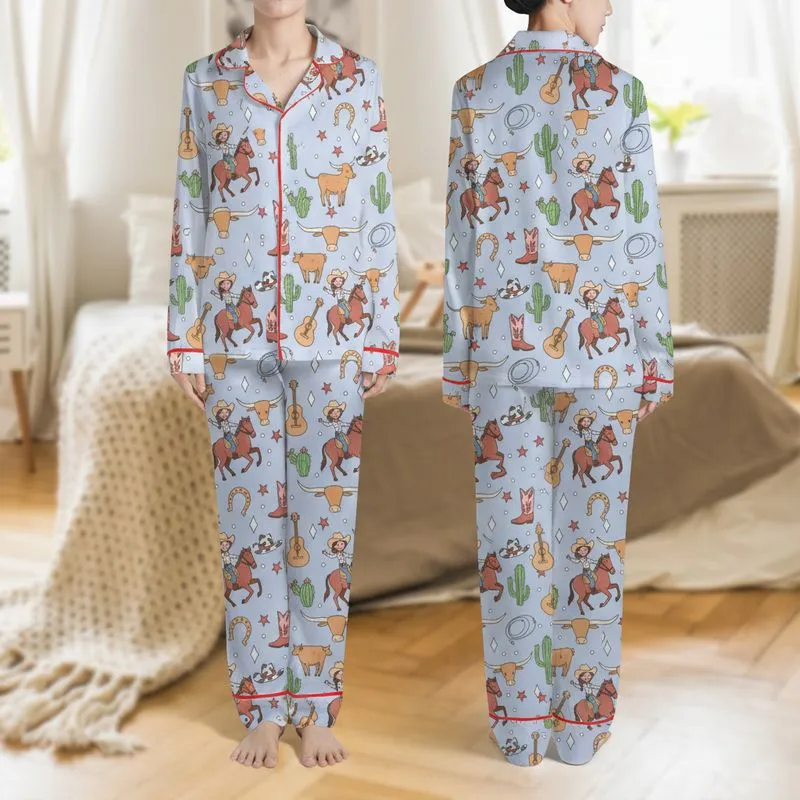 Women's Playful Periwinkle Blue Hand-Drawn Western Cartoon Print with Cowboys, Cowgirls, Longhorns, Multi-Color Boots Satin Pajamas Set - 1